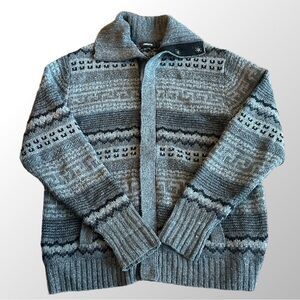 Claiborne Gray Pattern Wool Blend Cardigan‎ Sweater Full Zip Snap Button Large